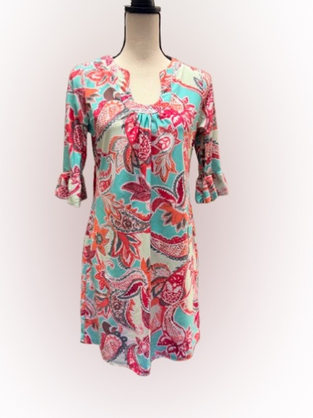 Aryeh Scuba Knit Paisley Floral Dress Turquoise Pink Ruffle Bell Sleeve Size SM